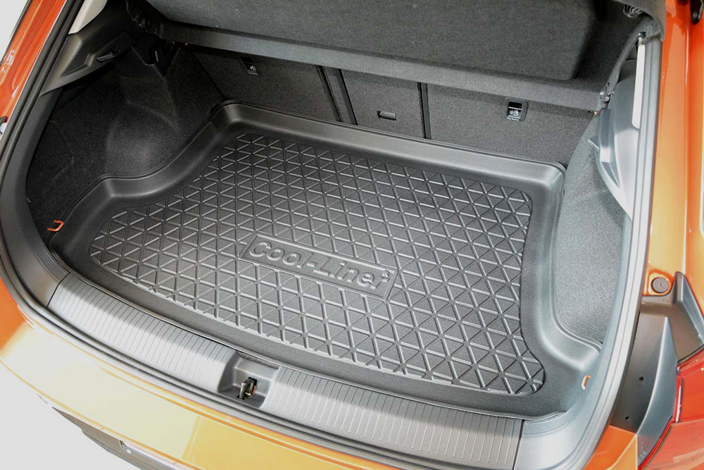 Design Kofferraumwanne passend für Volkswagen T-ROC ab BJ. 12.2017> für  fixen Ladeboden oder variablen Ladeboden in unterer Position, ohne Notrad  Kofferraummatte passgenau mit erhöhtem Rand